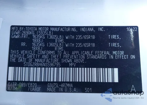 2022 Toyota Highlander Xle из США, поврежденный, VIN 5TDGZRBH6NS596795